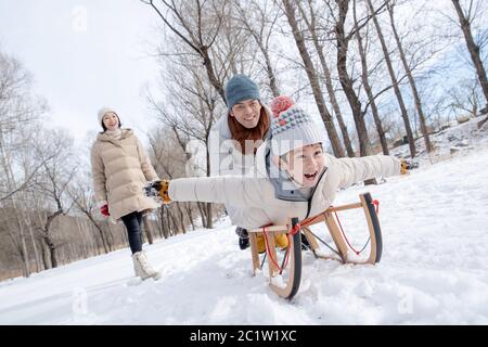 Giocare nella famiglia delle slitte da neve Foto Stock