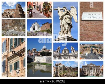 Roma, Italia - collage di foto di viaggio con il Foro Romano, il Vaticano, il Colosseo e la Fontana di Trevi. Foto Stock