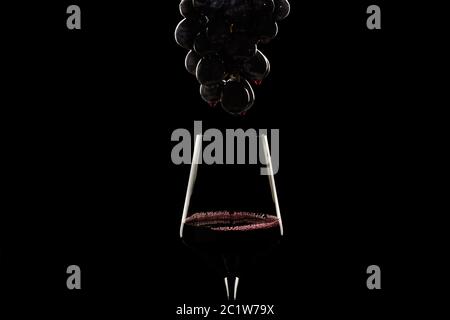 Uve nere con gocce di vino appese su un bicchiere di vino rosso su sfondo scuro Foto Stock
