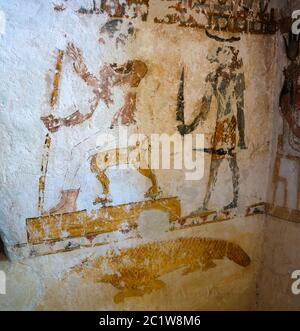 Mura nella tomba del coccodrillo in Gabal al-Mawta aka montagna dei morti, Siwa, Egitto Foto Stock