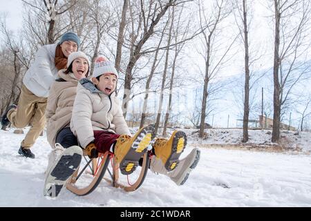 Giocare nella famiglia delle slitte da neve Foto Stock