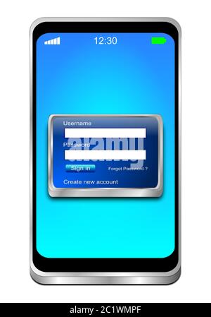 Smartphone con schermata di accesso blu sul desktop blu - illustrazione 3D Foto Stock