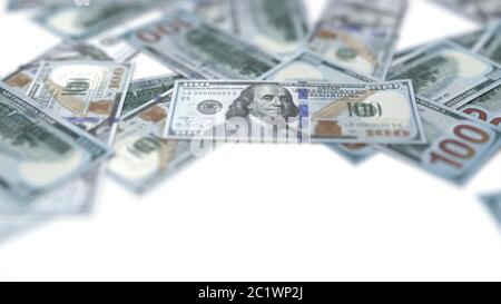 banconote in dollari sparse a terra. immagine con spazio di copia. adatto per soldi, economia, finanza e temi bancari. Illustrazione 3D Foto Stock