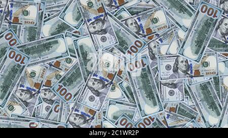 banconote in dollari sparse sul terreno, adatte per temi di denaro, economia, finanza e banche. Illustrazione 3D Foto Stock