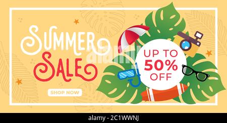 Banner Vendita estiva Illustrazione di disegno vettoriale. Abstract Summer sale modello di sfondo per banner, volantino, invito, poster, brochure. Illustrazione Vettoriale