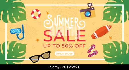 Banner Vendita estiva Illustrazione di disegno vettoriale. Abstract Summer sale modello di sfondo per banner, volantino, invito, poster, brochure. Illustrazione Vettoriale