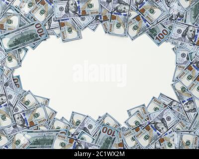 banconote in dollari sparse sul terreno. immagine con spazio di copia ellisse. adatto per soldi, economia, finanza e temi bancari. Illustrazione 3D Foto Stock