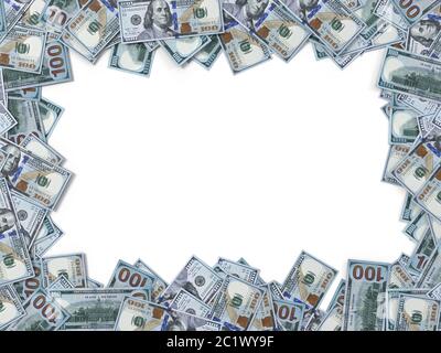 banconote in dollari sparse a terra. immagine con spazio di copia rettangolare. adatto per soldi, economia, finanza e temi bancari. Illustrazione 3D Foto Stock