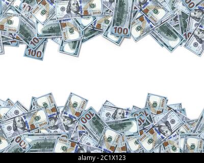 banconote in dollari sparse a terra. immagine con spazio di copia orizzontale. adatto per soldi, economia, finanza e temi bancari. Illustrazione 3D Foto Stock