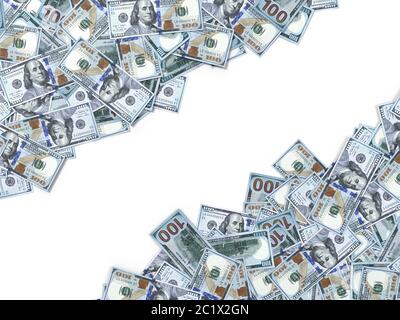 banconote in dollari sparse a terra. immagine con spazio di copia diagonale. adatto per soldi, economia, finanza e temi bancari. Illustrazione 3D Foto Stock