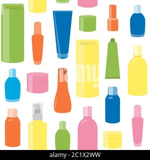 Motivo senza cuciture luminoso con bottiglie cosmetiche su bianco Illustrazione Vettoriale