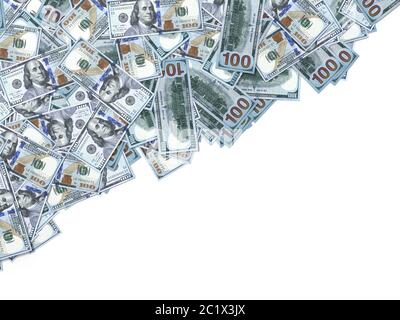 banconote in dollari sparse a terra. immagine con spazio di copia diagonale. adatto per soldi, economia, finanza e temi bancari. Illustrazione 3D Foto Stock