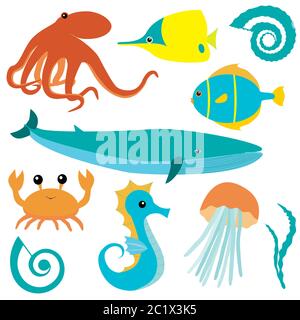 Raccolta di animali marini isolati su bianco Illustrazione Vettoriale