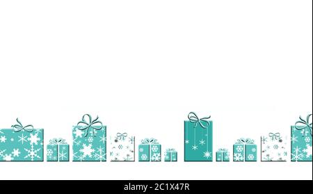 Elegante sfondo natalizio con scatole regalo in fiocchi di neve di colore turchese pastello blu. Illustrazione. Biglietto senza giunture per Natale e Capodanno, banner, mock-up, spazio per la copia Foto Stock