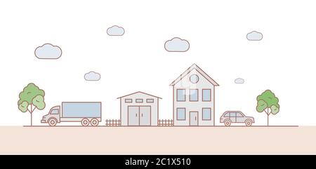 Illustrazione del contorno del vettore del paesaggio suburbano. La strada con le auto, alberi verdi, garage, casa di famiglia moderna carina. Traffico sulla strada, villaggio panorama concetto. Illustrazione Vettoriale