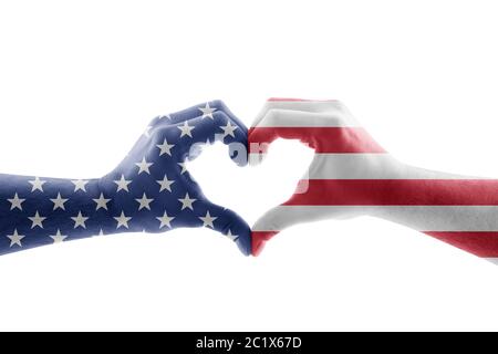 Due mani in forma di cuore con la bandiera degli Stati Uniti Foto Stock
