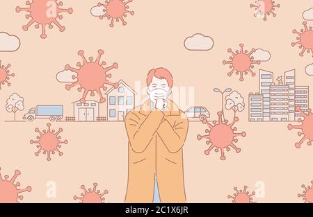 Illustrazione del vettore inquinamento atmosferico. Uomo in maschera protettiva in piedi in città circondata da cellule di coronavirus. Concetto di isolamento e di allontanamento sociale. Illustrazione Vettoriale