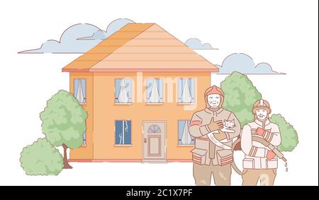 Vigili del fuoco felici che tengono un gatto nelle mani dopo l'estinzione del fuoco in casa di campagna vettore cartoon illustrazione di contorno. Vigili del fuoco in uniforme e caschi dopo aver messo fuori fuoco, aiutare a servire con bruciare. Illustrazione Vettoriale