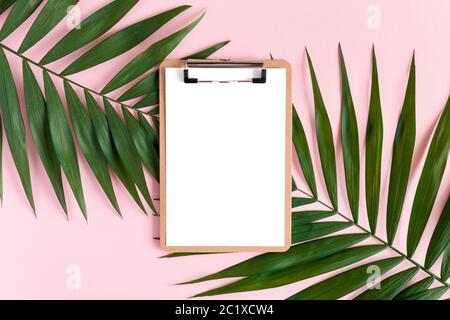 Elegante composizione minimale con appunti e foglie verdi su sfondo rosa pastello. Mockup di illustrazioni con spazio di copia Foto Stock