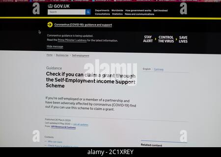 Immagini dello schermo del computer del sito web HMRC Self Employment Income Support scheme covid19 Foto Stock