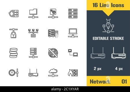 Rete, insieme di icone del server di hosting. Icona linea sottile - immagine vettoriale piatta. Pittogramma tratto modificabile. Concetto di grafica di qualità superiore per Illustrazione Vettoriale