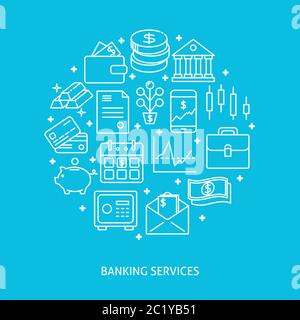 Servizi bancari banner di concetto rotondo in linea con posto per il testo. Simboli delle attività finanziarie e di investimento. Illustrazione vettoriale. Illustrazione Vettoriale