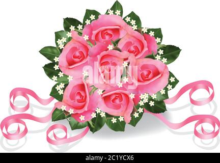 Bel bouquet di rose rosa con nastro rosa. Isolato su sfondo bianco. Illustrazione Vettoriale