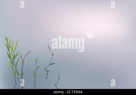 Mattina nebbia su un fiume o un lago - sfondo paesaggio sfocato con bufrush e spazio di copia. Illustrazione Vettoriale