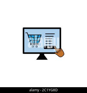 Negozio online, laptop, desktop, icona computer con carrelli. Vettore modello di progetto Illustrazione Vettoriale
