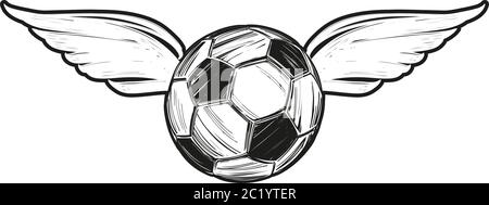calcio, palla da calcio con ali, icona disegno, cartoon mano disegnata vettore illustrazione Illustrazione Vettoriale