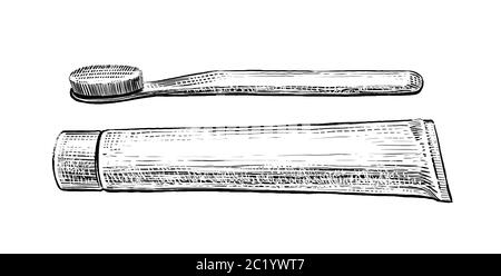 Spazzolino da denti e dentifricio disegnati a mano isolati su sfondo bianco Foto Stock