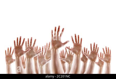 Gruppo di alzare le mani con le palme aperte isolati su sfondo bianco Foto Stock