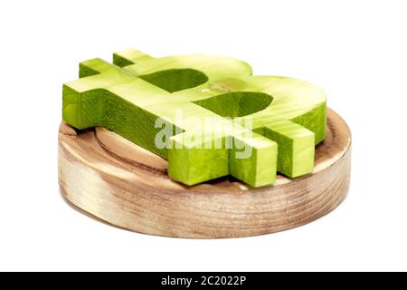 Bitcoin segno di legno, criptovaluta virtuale, isolato su bianco Foto Stock