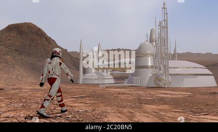 Astronauta che indossa la tuta spaziale Passeggiate sulla superficie di Marte. Esplorazione della missione su Marte. Colonizzazione futuristica e concetto di esplorazione spaziale. 3d rend Foto Stock