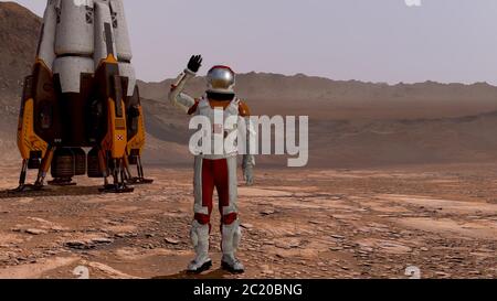 Astronauta agitando la mano. Esplorazione della missione su Marte. Colonizzazione futuristica e concetto di esplorazione spaziale. rendering 3d. Colonia su Marte. Elementi di Foto Stock