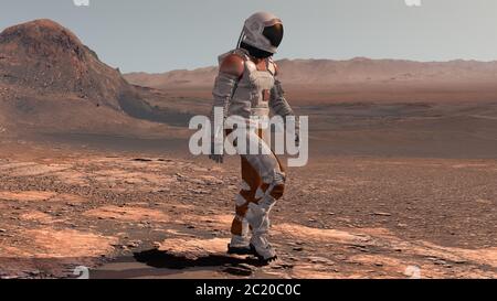 Astronauta che indossa la tuta spaziale Passeggiate sulla superficie di Marte. Esplorazione della missione su Marte. Colonizzazione futuristica e concetto di esplorazione spaziale. 3d rend Foto Stock