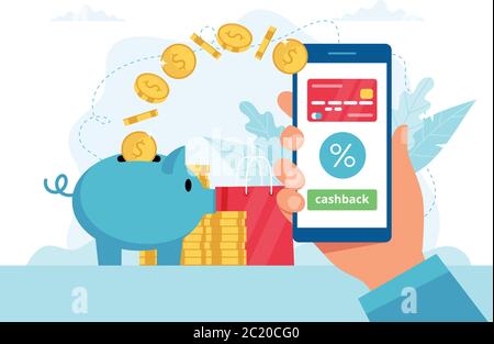 Concetto di cashback - tenendo una mano con uno smartphone con app, il denaro va in una piggybank. Illustrazione vettoriale in stile piatto Illustrazione Vettoriale