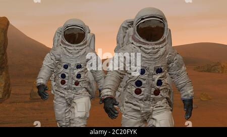 Rendering 3D. Colonia su Marte. Due astronauti che indossano la tuta spaziale camminando sulla superficie di Marte. Esplorazione della missione su Marte. Colonizzazione futuristica e. Foto Stock