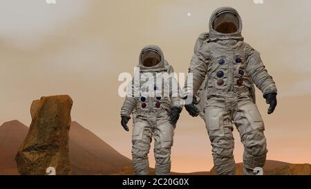 Rendering 3D. Colonia su Marte. Due astronauti che indossano la tuta spaziale camminando sulla superficie di Marte. Esplorazione della missione su Marte. Colonizzazione futuristica e. Foto Stock