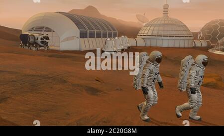 Rendering 3D. Colonia su Marte. Due astronauti che indossano la tuta spaziale camminando sulla superficie di Marte. Esplorazione della missione su Marte. Colonizzazione futuristica e. Foto Stock