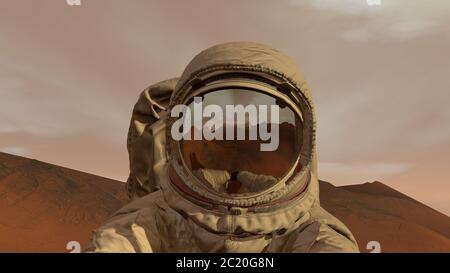 Rendering 3D. Colonia su Marte. Astronauta seduto su Marte e ammirando il paesaggio. Esplorazione della missione su Marte. Colonizzazione futuristica e Space Explora Foto Stock