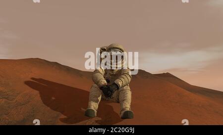Rendering 3D. Colonia su Marte. Astronauta seduto su Marte e ammirando il paesaggio. Esplorazione della missione su Marte. Colonizzazione futuristica e Space Explora Foto Stock