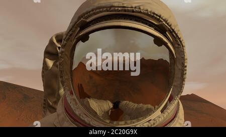 Rendering 3D. Colonia su Marte. Astronauta seduto su Marte e ammirando il paesaggio. Esplorazione della missione su Marte. Colonizzazione futuristica e Space Explora Foto Stock