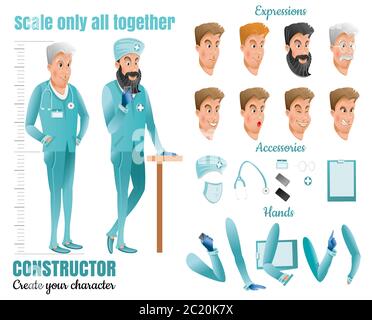 Medici. Due personaggi da cartoni per l'animazione. Diverse parti del corpo e otto emozioni del viso. Illustrazione Vettoriale