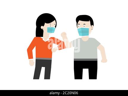 Persone che indossano maschera protettiva saluto utilizzando gomito bump non scuotere la mano in coronavirus pandemia focolaio. Contatto con le mani aumento del rischio di infettivi Illustrazione Vettoriale