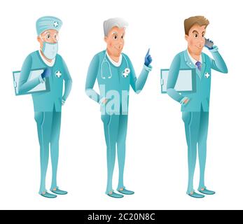 Gruppo di carattere dei medici isolati su bianco. Illustrazione vettoriale in stile cartoon Illustrazione Vettoriale