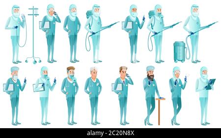 Collezione di personaggi di medici in diverse posizioni, tute di difesa e situazione di vita. Illustrazione vettoriale su sfondo bianco. Piano di intarsio moderno Illustrazione Vettoriale