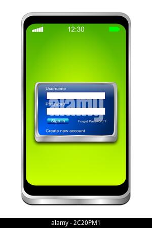 Smartphone con schermata di accesso blu sul desktop verde - illustrazione 3D Foto Stock