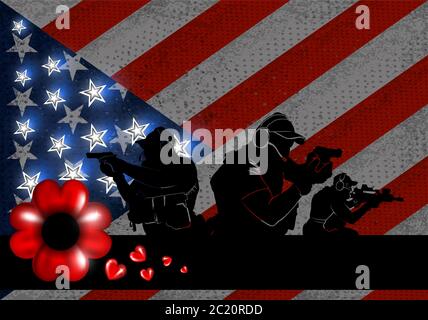 Memorial Day o veterani giorno di background. Tre soldati moderni con armi su sfondo americano bandiera. Illustrazione vettoriale. Illustrazione Vettoriale