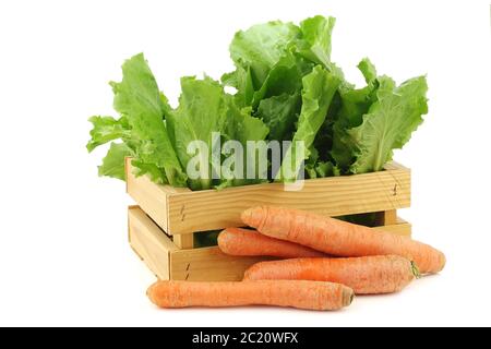 Immersione fresca e alcune verdure invernali in una cassa di legno su sfondo bianco Foto Stock